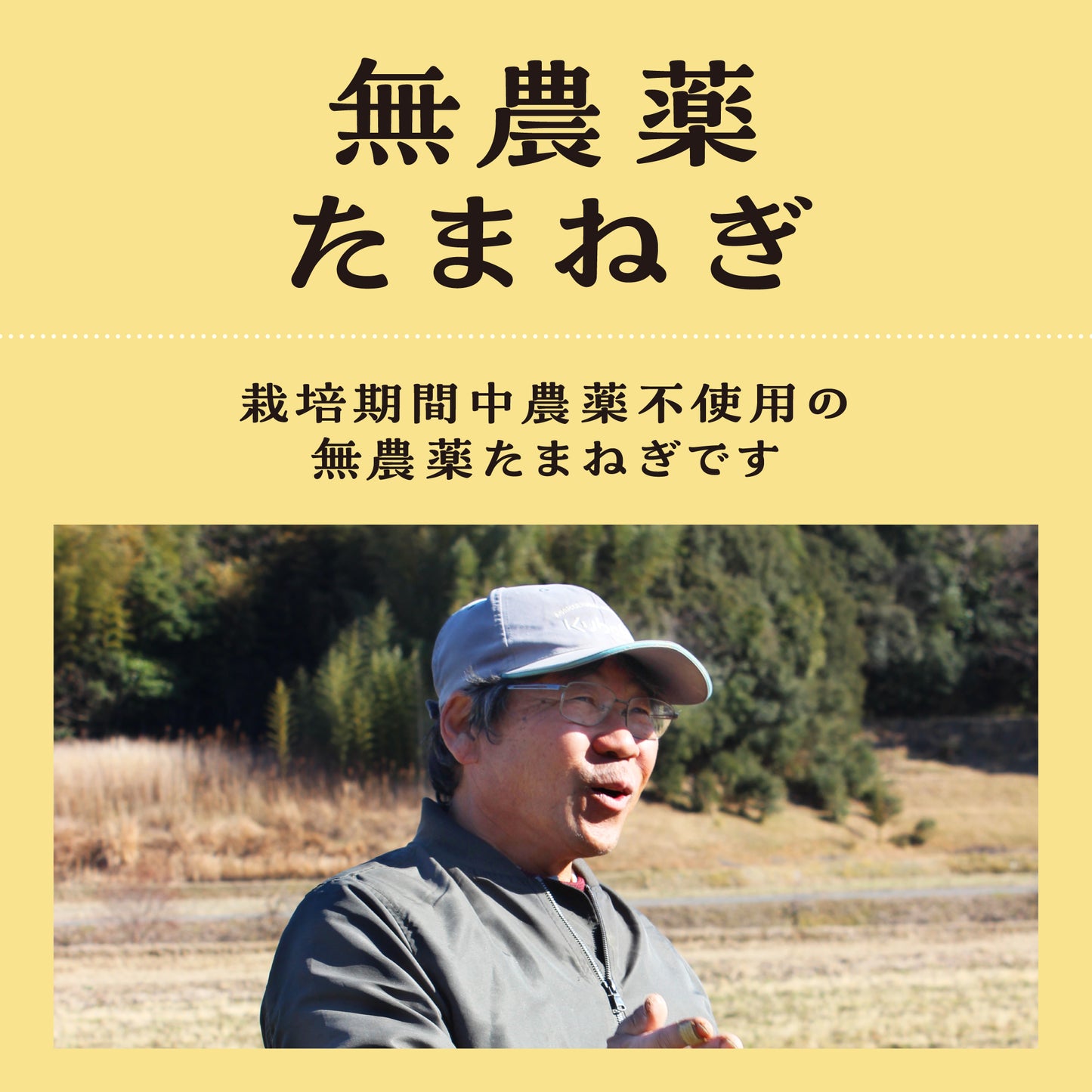 光性農園さん、無農薬玉ねぎ(栽培期間中農薬不使用)のしおりです。研究熱心な向田さんの写真