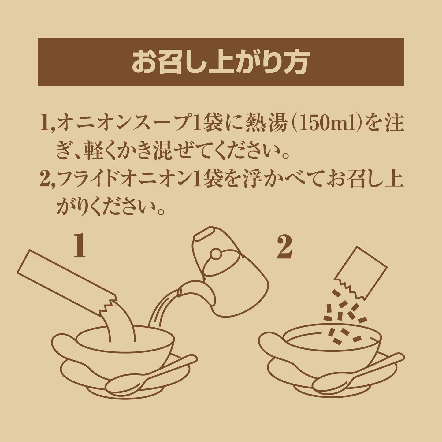 作り方のイメージ図です.
1、オニオンスープ各1袋に熱湯(150ml)を注ぎ、軽くかき混ぜてください。
2,フライドオニオン1袋を浮かべておめし上がりください。