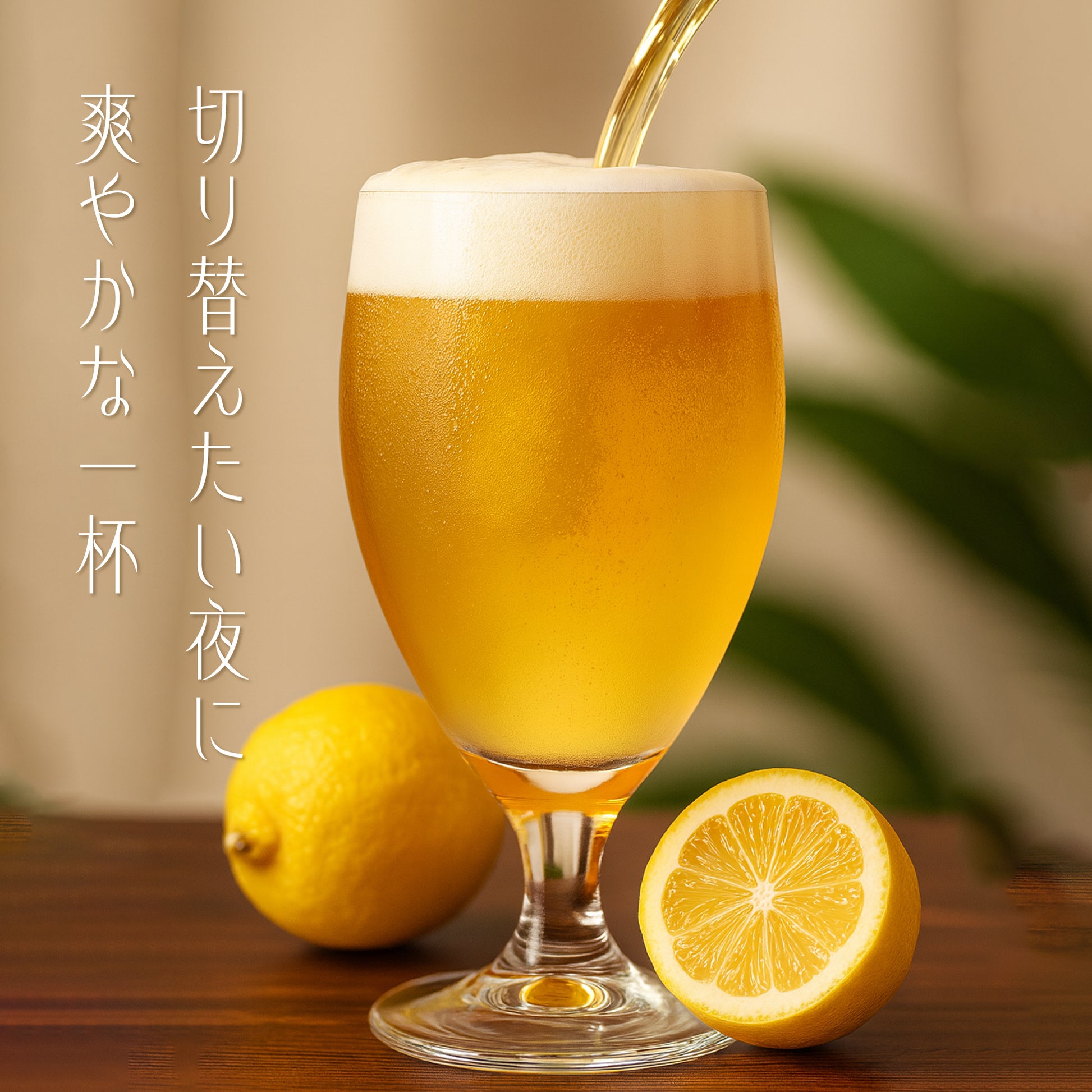 ビールそそがれているグラスとレモンのある机に「切り替えたい夜に爽やかな一杯」の文字が重なる画像