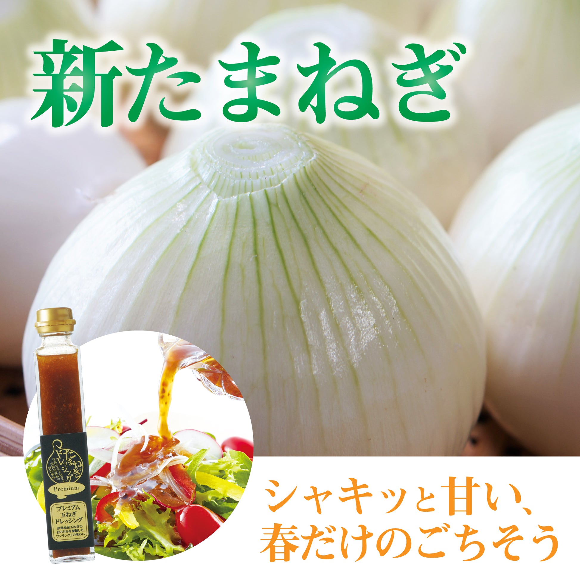 淡路島産の新玉ねぎを背景に、『新玉ねぎ』のタイトルとドレッシングセットを配置し、春限定の甘さやサラダに最適な食べ方を訴求した商品画像