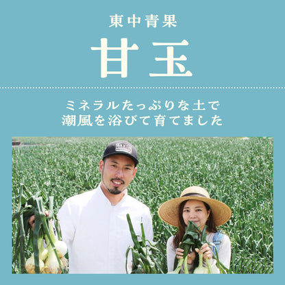 東中青果さん、甘玉のしおりです。ミネラルたっぷりな土で潮風を浴びて育てています。ご夫婦お二人が仲良くたまねぎを収穫しています。