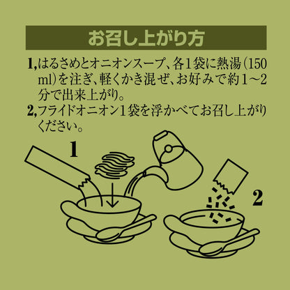 作り方のイメージ図です.
1、はるさめとオニオンスープ各１袋に熱湯（150ｍｌ）を注ぎ、軽くかき混ぜてください。お好みで約1～2分で出来上がり
2，フライドオニオン１袋を浮かべておめし上がりください。