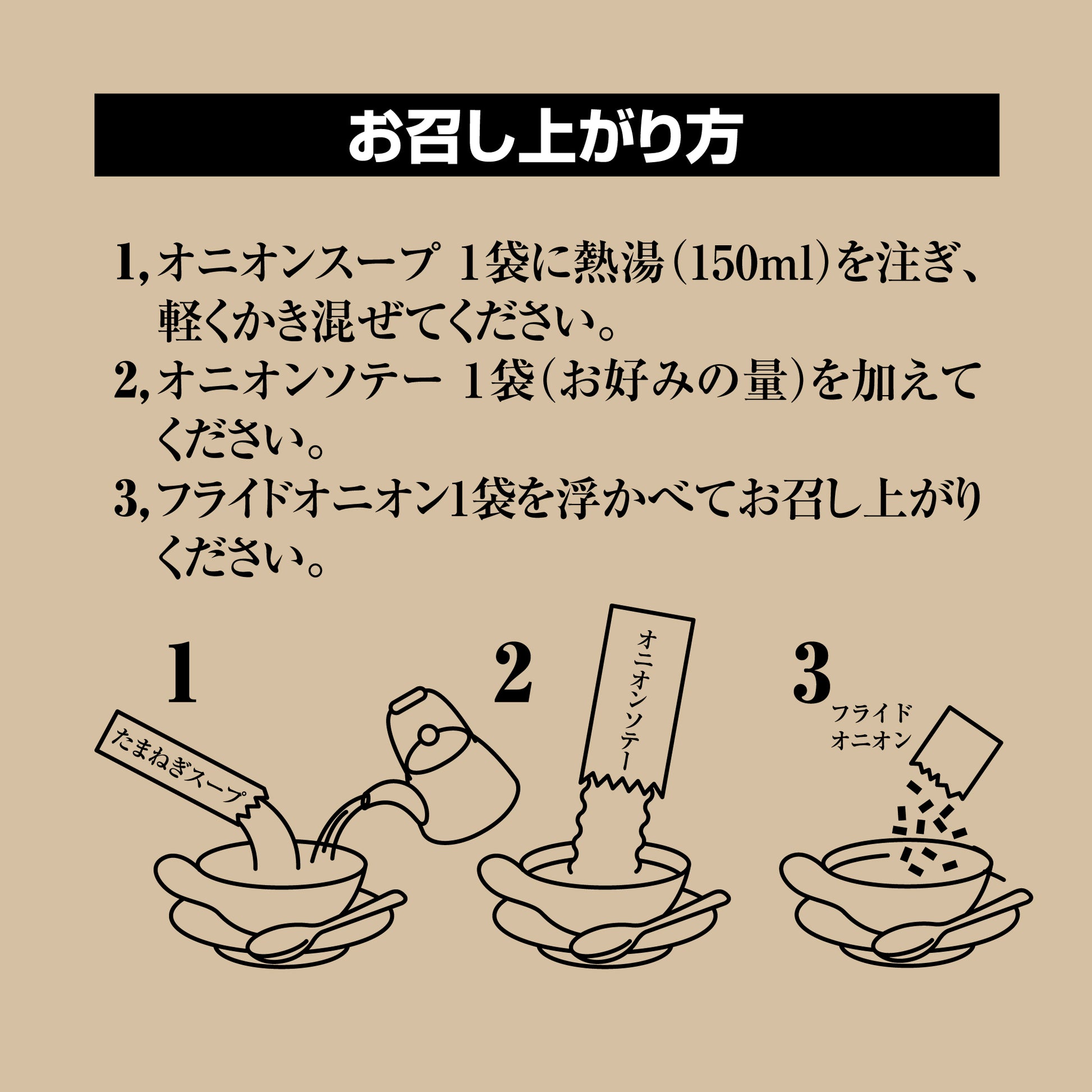 作り方のイメージ図です.
1、オニオンスープ１袋に熱湯（150ｍｌ）を注ぎ、軽くかき混ぜてください。
2，オニオンソテー１袋（お好みの量）を加えてください。
3、フライドオニオン１袋を浮かべておめし上がりください。