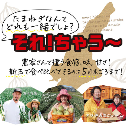 新玉ねぎの食べ比べセット。「たまねぎなんてどれも一緒でしょ？」に「それちゃう～」と大きく打ち出し、3農家の違いを画像で見せた訴求イメージ